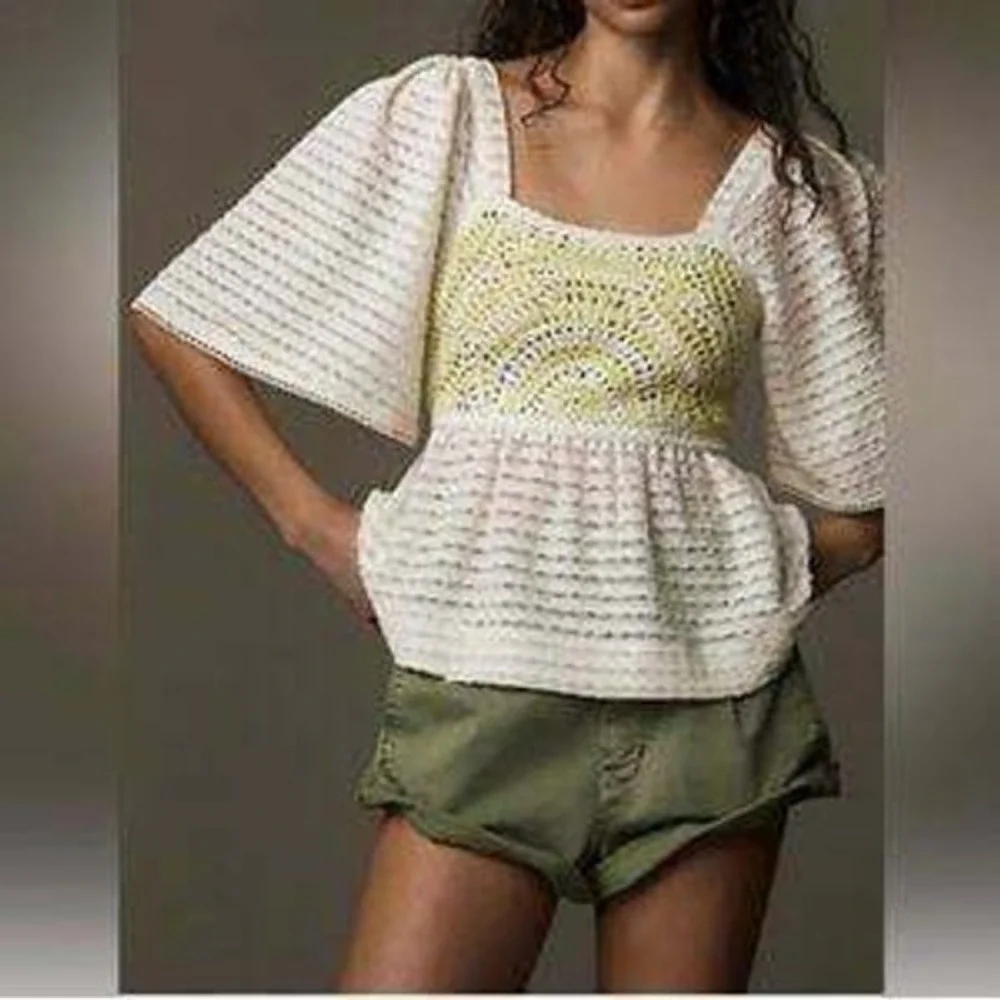 Anthropologie Sarah Hann Crochet Top Cream Peplum Boho Cottagecore Babydoll